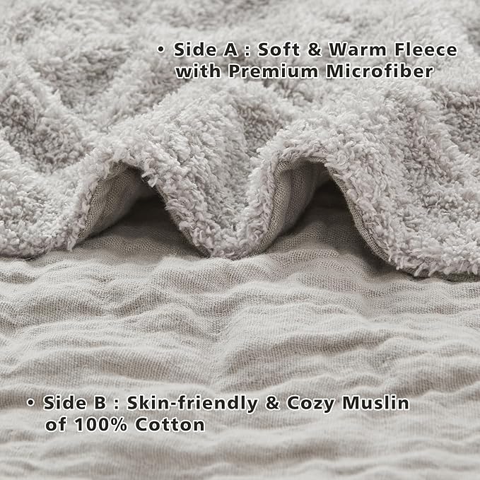 EMME Muslin and Fleece Throw Blanket Reversible - 50"*60" Grey Soft Warm Throw Blankets for Couch Bed Picnic Travel Bed