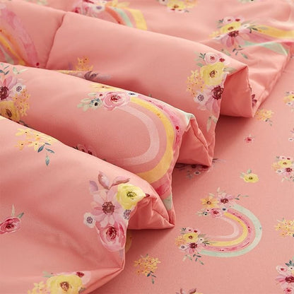 Mooreeke Twin Size Comforter Sets for Girls Kids, 6 Pieces Bed in a Bag Pink Rainbow Flowers Bedding Comforter Sheet Set with Shams and Decorative Toy Pillow, Ultral Soft Microfiber Kids Bed Set