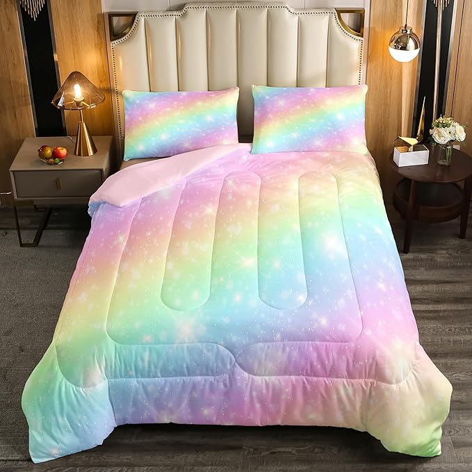Erosebridal Rainbow Bedding Set for Kids Girls Teens Women Tie Dye Pastel Comforter Set Twin Size Golden Stars Glitter Bedding Comforter Set Watercolor Art Girly Quilt Set Sweet Bedroom Decor 2 Piece