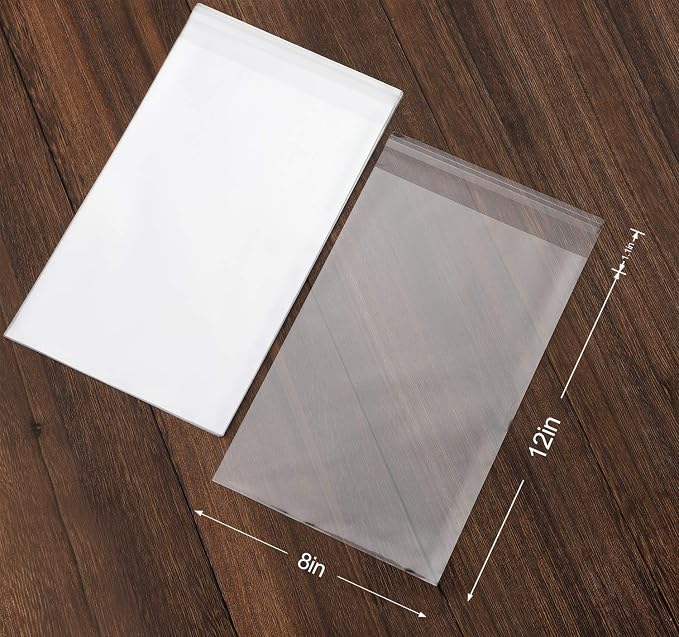 Nobranded 100 pcs Clear 8" x 12" Self Seal Cello Cellophane Bags Resealable Poly Bags 2.8 mils OPP Bag for Packaging Clothing, T Shirts, Party Decorative Gift