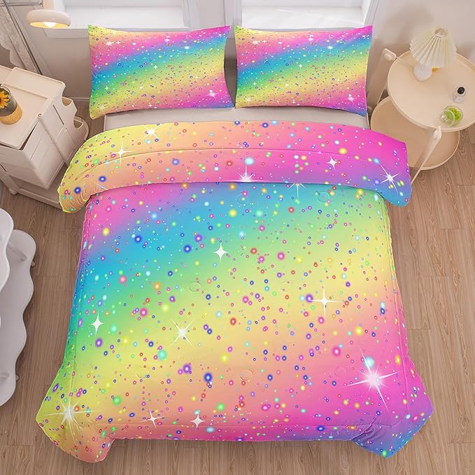 Twin Bedding Set Teen Girls, Galaxy Twinkle Comforter for Kids, Colorful Rainbow Bedding Set for All Season (Twin, 2 Pieces)
