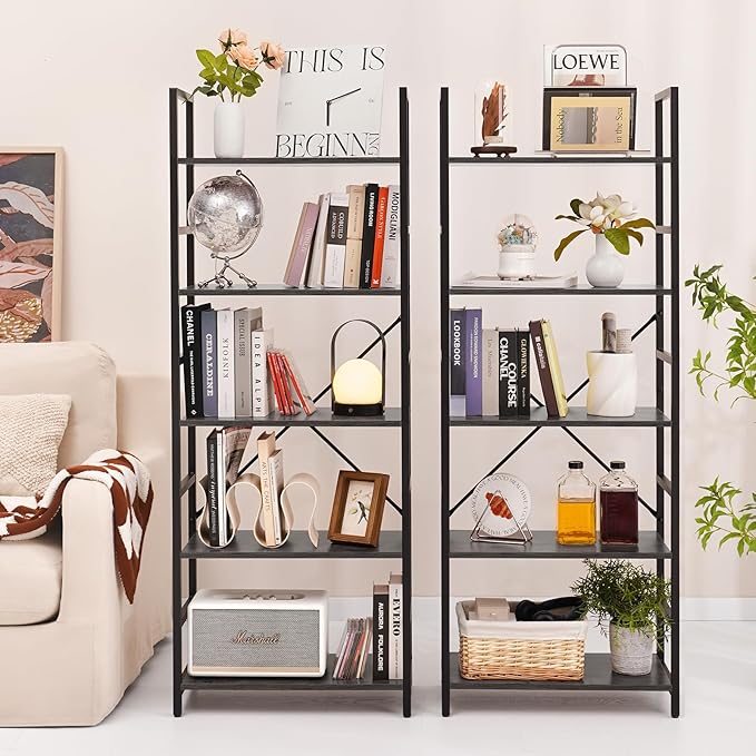 Yoobure 5 Tier Bookshelf - Tall Book Shelf Modern Bookcase for CDs/Movies/Books, Rustic Book Case Industrial Bookshelves Book Storage Organizer for Bedroom Home Office Living Room Grey