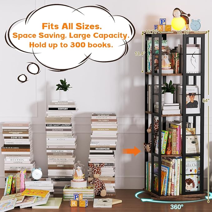 Aheaplus Rotating Bookshelf, Corner Bookshelf, 360 Display Wood Spinning Bookshelf, Floor Standing Bookcase Narrow Shelf Revolving Organizer Storage Rack for Small Space, Bedroom, Study Room