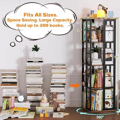 Aheaplus Rotating Bookshelf, Corner Bookshelf, 360 Display Wood Spinning Bookshelf, Floor Standing Bookcase Narrow Shelf Revolving Organizer Storage Rack for Small Space, Bedroom, Study Room