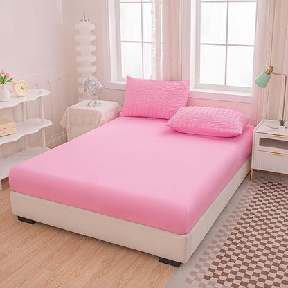 Twin Bed in a Bag Pink Seersucker Comforter Set 5-Pieces Microfiber Lightweight Comforter All Season Bedding Sets with Comforter,Flat Sheet,Fitted Sheet and Pillowcases