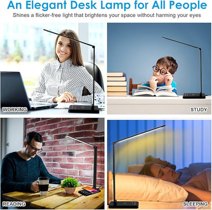 LED Desk Lamp with Wireless Charger, Dimmable Office Lamp with USB Charging Port, Eye- Caring Desk Lamps, Bright with 5 Lighting Modes, Touch Control Auto Timer