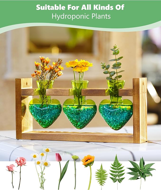 Nacome Plant Terrarium for Office Decor: Birthday Gifts for Plant Lovers Women Mom Wife - Wooden Stand Tabletop Planter 3 Bulb Glass Vase Heart Shaped for Hydroponics Indoor Home(Green)