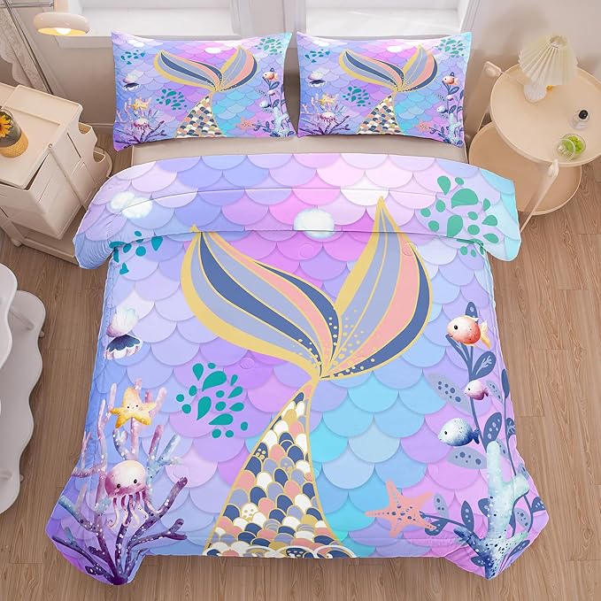 NINENINE Teal Purple Mermaid Comforter Set,Mermaid Tail Bedding Set,Twin Size Bedding Sets for Girls,Colorful Glitter Comforter Sets for Kids with 1 Comforter 1 Pillowcase…