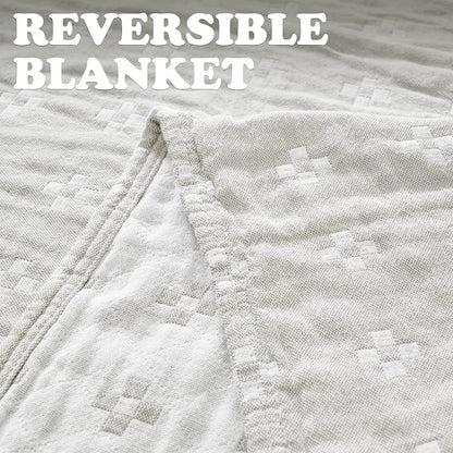 jinchan Boho 100% Cotton Blanket Muslin 50x60 Inches Lightweight 3-Layer Geometric Cross Pattern Reversible Quilt Throw Soft Breathable Comfy All Seasons for Couch Bed Decor, Light Grey