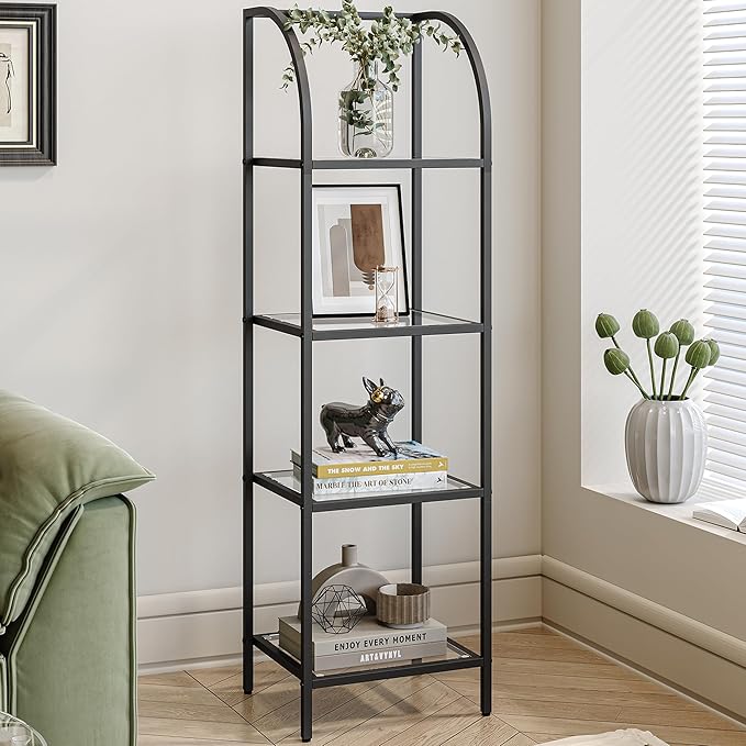 Bookcase Bookshelf, Tempered Glass Arched Bookshelf for More Storage, Slim Shelving Unit for Bedroom, Bathroom, Home Office, Steel Frame, 4 Tier Black BC20499B