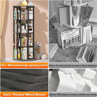 Aheaplus Rotating Bookshelf, Corner Bookshelf, 360 Display Wood Spinning Bookshelf, Floor Standing Bookcase Narrow Shelf Revolving Organizer Storage Rack for Small Space, Bedroom, Study Room, Grey Oak