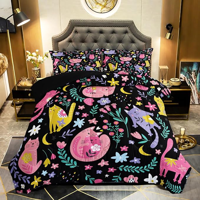 Floral Cat Comforter Full Size,Black Cats Comforter Set for Kids Teens Girls,3Pcs Bedding Set Printed Comforter with 2 Pillowcases,Down Alternative,Soft and Lightweight(Black，Full Size)