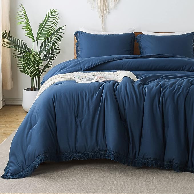 Andency Navy Blue Comforter Set Twin Size, 2 Pieces Boho Tassel Lightweight Bedding Comforter Sets, All Season Soft Fluffy Fringe Bed Set (66x90In Comforter & 1 Pillowcase)