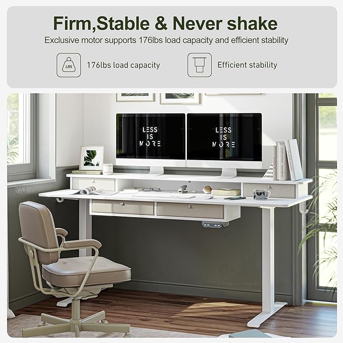 BANTI Height Adjustable Electric Standing Desk with 4 Drawers, 55 x 24 Inch Table with Storage Shelf, Sit Stand Desk, White Top