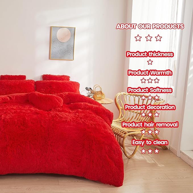 FOPPA Christmas red Comforter Cover Set Queen - Ultra Soft Plush red Bedding Sets 3 Pieces (1 Faux Fur Duvet Cover + 2 Faux Fur Pillow case) red Bed Set Queen (Red, Queen)