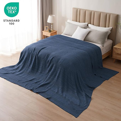 PHF 100% Cotton Waffle Blanket Oversized King 120"x120", Lightweight Breathable Extra Large 10'x10' Summer Blankets for Bed, Giant Big Luxury Aesthetic Woven Bedding for Home Decor, Bright Navy Blue