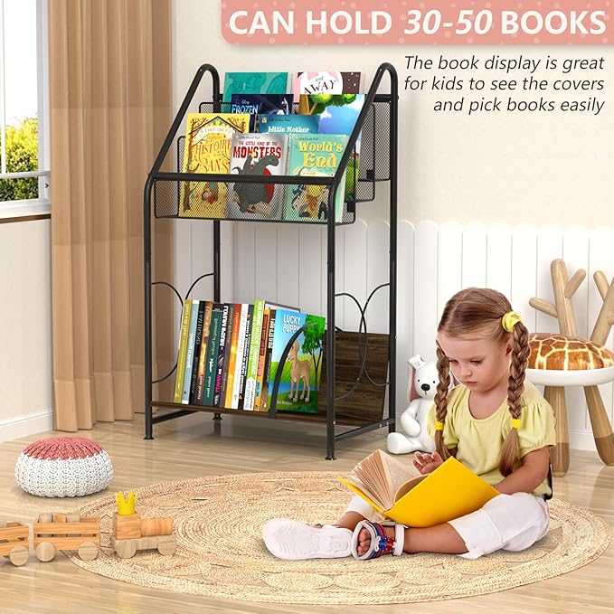 Bookshelf, 4-Tier Metal & Wood Rolling Book Cart on Wheels, Record Cabinet for Book Magazine Turntable, Record Holder Up to 100 Albums, Multifunction Utility Cart, Black