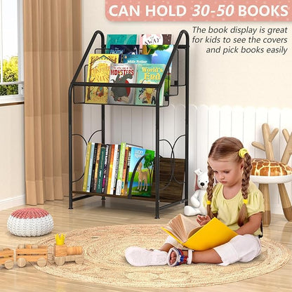 Bookshelf, 4-Tier Metal & Wood Rolling Book Cart on Wheels, Record Cabinet for Book Magazine Turntable, Record Holder Up to 100 Albums, Multifunction Utility Cart, Black