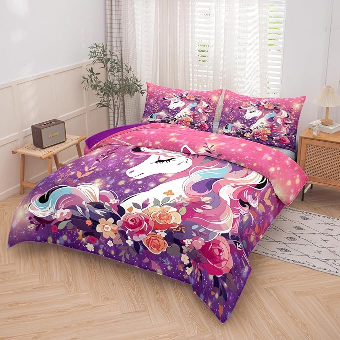 Tailor Shop Unicorn Kids Bedding Set for Girls Pink Purple Flower Unicorn Comforter Set King Galaxy Bedding Sets All Season with 2 Pillowcase……