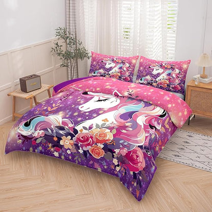 Tailor Shop Unicorn Kids Bedding Set for Girls Pink Purple Flower Unicorn Comforter Set Queen Galaxy Bedding Sets All Season with 2 Pillowcase……