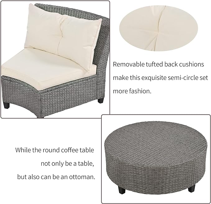 9 Pieces Outdoor Furniture Half Moon Wicker Patio Sets with Coffee Table, All-Weather Fan-Shaped Curved Sectional Sofa Couch with Beige Cushions, Onesize, Gray Rattan