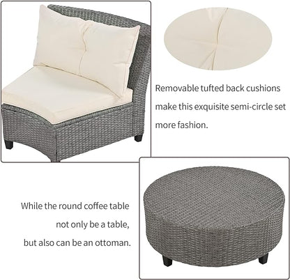 Merax Patio Furniture Sets for 6, Fan-Shaped All Weather Outdoor HDPE Rattan Sofa with Cushions and Table, Suitable for Garden, 9-Piece, Beige