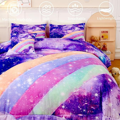 6Pcs Purple Rainbow Twin Size Bedding Set for Girls Gradient Glitter Kids Comforter Sets Tie Dye Girls Bed Set Sparkle Galaxy Bed in A Bag with Sheets