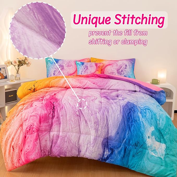 4 Pcs Tie Dye Twin Comforter Set for Girls, Watercolor Marble Abstract Art Superior Kids Bedding Sets Twin Size, Pink Purple Blue Colorful Teenage Girls Comforter Sets