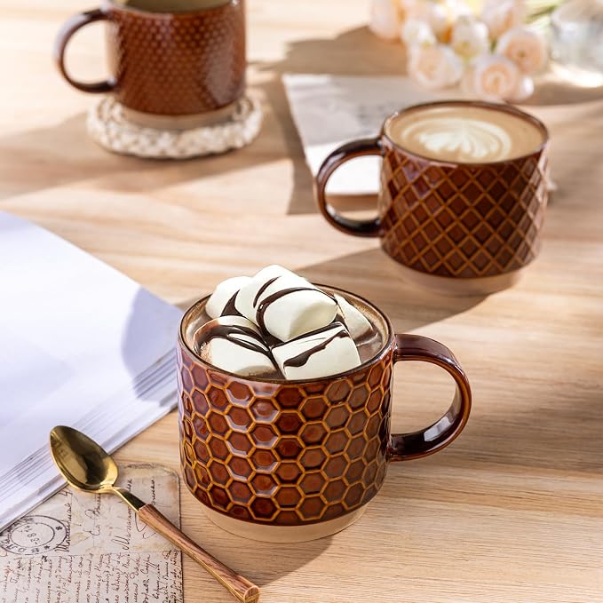 GBhome 12 OZ Stackable Coffee Mugs Set of 4, Ceramic Coffee Cups Set | Coffee Mugs With Stand, Dishwasher&Microwave Safe, 4 Assorted Designs