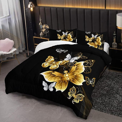 Butterfly Comforter Set for Adults Black and Gold Butterfly Bedding Set Aesthetics Butterflies Quilt Duvet Set Full Size with 1 Comforter and 2 Pillowcases