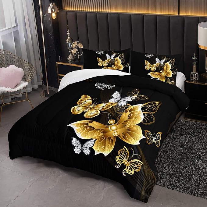 Butterfly Comforter Set for Adults Black and Gold Butterfly Bedding Set Aesthetics Butterflies Quilt Duvet Set Queen Size with 1 Comforter and 2 Pillowcases