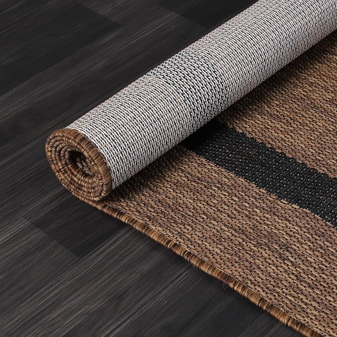 Bordered Outdoor Rug 8x10 Washable Outside Carpet for Indoor Patio Porch Waterproof Easy Cleaning Non Shedding Area Rugs Nut Brown - Black 8 x 10
