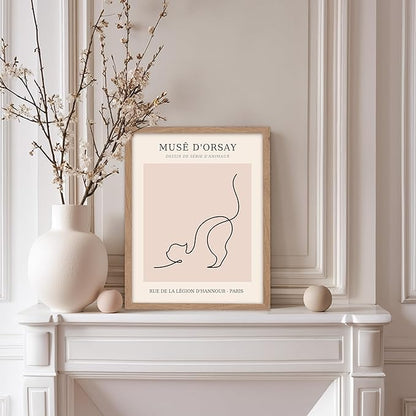 Poster Master Vintage Poster - Retro One Line Cat Drawing Print - Cat Art - Minimal Gift for Men, Women, Animal Lover - Abstract Wall Decor for Home, Office, Bedroom, 8x10 Beige Framed