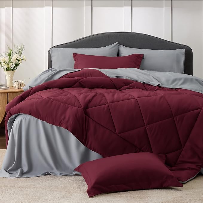 Bedsure Burgundy King Size Comforter Set - 7 Pieces Reversible King Bed in a Bag King Bed Set with Comforters, Sheets, Pillowcases & Shams, King Bedding Sets