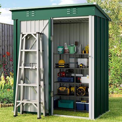 Gizoon 5' x 3'Outdoor Storage Shed with Singe Lockable Door,Galvanized Metal Shed with Air Vent Suitable for The Garden,Tiny House Storage Sheds Outdoor for Backyard Patio Lawn-Green