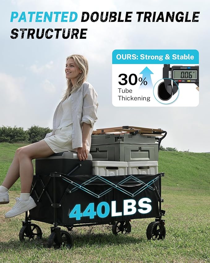 Gonex 48''L Collapsible Foldable Heavy Duty Oversized Wagon with 440lbs Weight Capacity, 300L Folding Large Utility Garden Grocery Shopping Cart with 8" H All-Terrain Wheels & 2 Drink Holders - Black