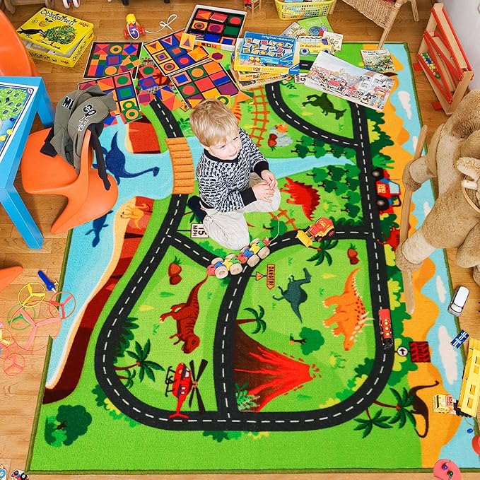 Kids Carpet Playmat Rug,78.7"x59" Dinosaur Car Rugs for Kids Toy Cars,Non Slip Dino Safari Road Map Kids Rug for Playroom Bedroom Boys,Kids Play Mat Road Rug,Track Rug Car Play Carpet for Kids