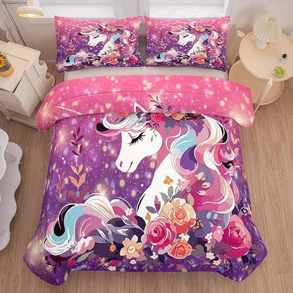 Tailor Shop Unicorn Kids Bedding Set for Girls Pink Purple Flower Unicorn Comforter Set Queen Galaxy Bedding Sets All Season with 2 Pillowcase……