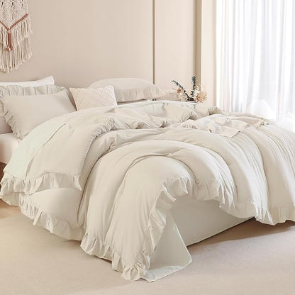 Andency Beige Comforter Set King, 3 Pieces Farmhouse Shabby Chic Ruffle Comforter, Lightweight Fluffy Soft Microfiber All Season Solid Bed Comforter Set (1 Ruffle Comforter & 2 Pillowcases)