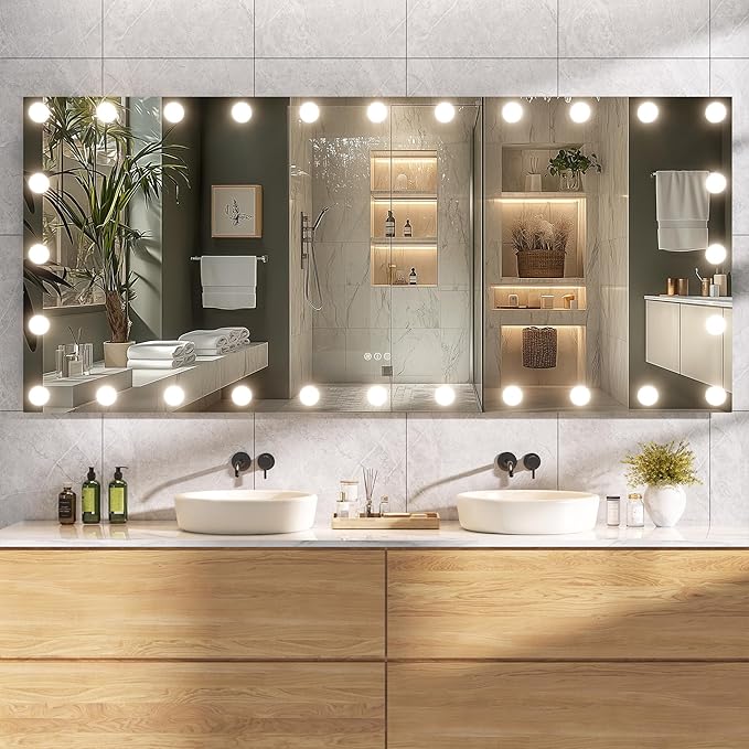 Hasipu LED Bathroom Mirror with Lights, 71" x 32" Hollywood Wall-Mounted Bathroom Mirror with 28 Dimmable Bulbs, 3 Colors Modes, Touch Control, Anti-Fog, Memory Function, Shatter-Proof, ETL Listed