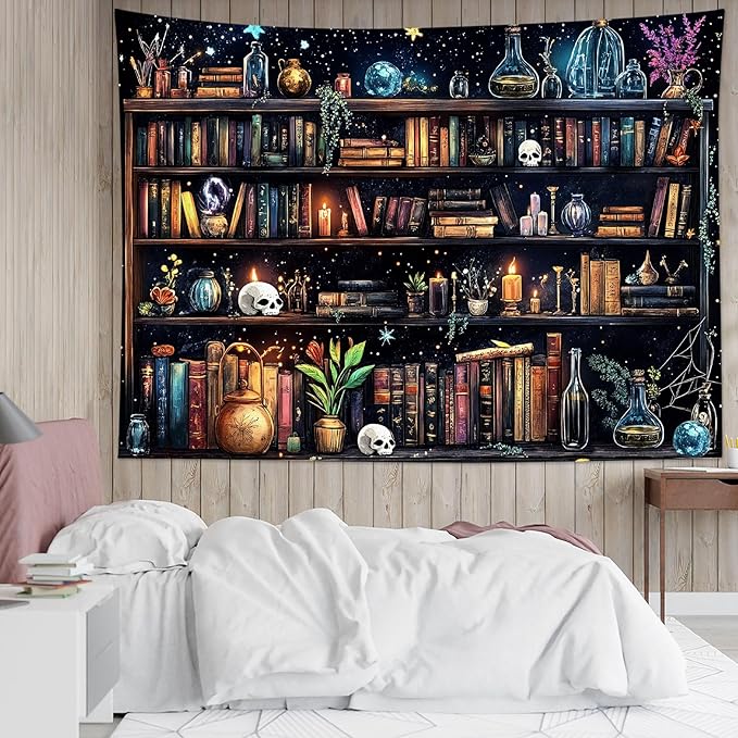 HVEST Magic Bookshelf Tapestry Wall Hanging Vintage Bookshelf Witchy Books Plant Skull Gothic Halloween Tapestry Aesthetic Starry Sky Tapestries for Bedroom Living Room Dorm, 51L x 59W Inches