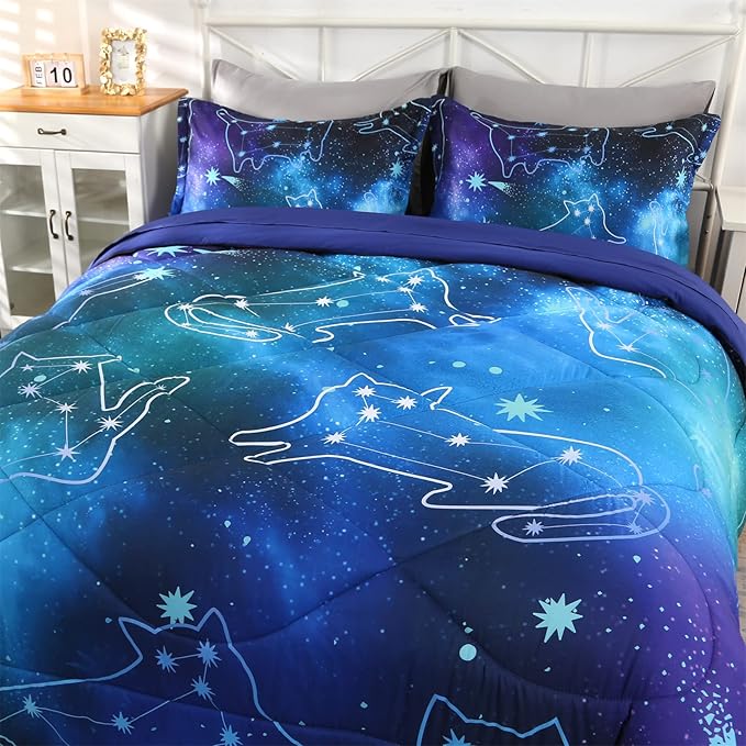 Wowelife 5 Piece Galaxy Space Cat Bedding Comforter Set Queen Constellation Bedding Set Blue Kids Bedding Set Bed in a Bag for Boys and Girls with Comforter, Flat Sheet, Fitted Sheet and 2 Pillowcases