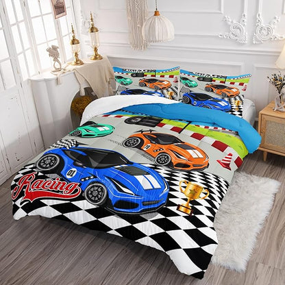 Axolotl Racing Car Bedding Set Twin,Cool Speed Race Car Down Comforter for Kids Boys Girls Teens,Racing Car Comforter Set Car Theme with Three Cars Arrive at Finish,1 Comforter and 2 Pillowcases