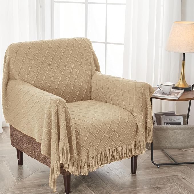 inhand Knitted Throw Blanket for Couch and Bed, Soft Living Room Home Decor Knitted Blanket with Tassel, Outdoor Lightweight Breathable Summer Blanket, Farmhouse Warm Woven Decorative, 50"x60"