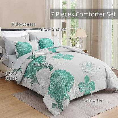 Yiran Grey Aqua Floral King Comforter Set Bed in a Bag Soft Microfiber Comforter Bedding Set 103"×90",7 Pieces (1 Comforter,2 Pillowcases,2 Pillow Shams,1 Flat Sheet,1 Fitted Sheet)