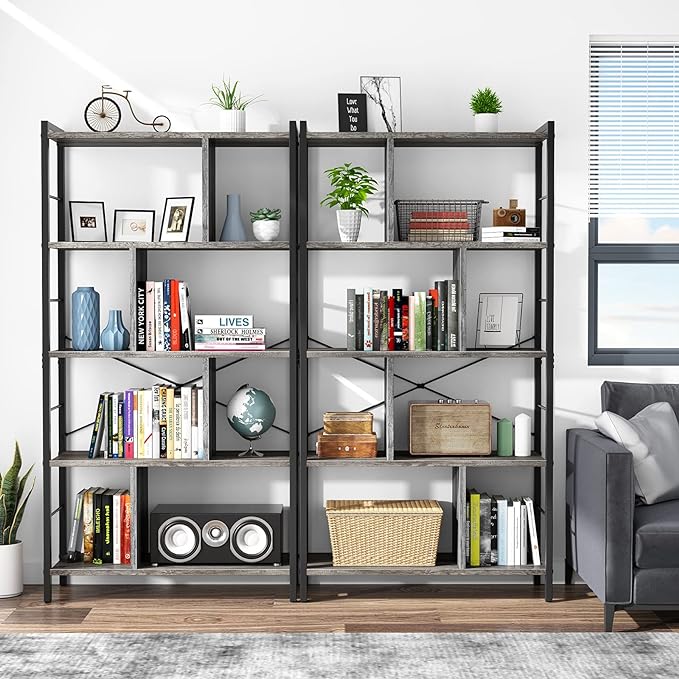armocity Bookshelf, 5 Tier Tall Modern Bookcase Wood Metal Frame Standing Book Shelf, Display Bookshelves Storage Organizer for Bedroom Living Room Home Office, Grey