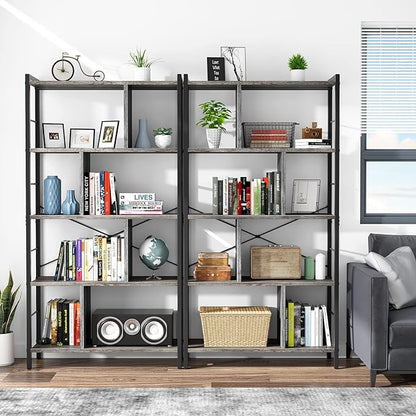 armocity Bookshelf, 5 Tier Tall Modern Bookcase Wood Metal Frame Standing Book Shelf, Display Bookshelves Storage Organizer for Bedroom Living Room Home Office, Grey