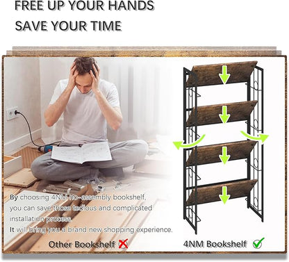 4NM No-Assembly 4 Tiers Folding Bookshelf Storage Shelves Vintage Bookcase Standing Racks Study Organizer Home Office - Rustic Brown and Black