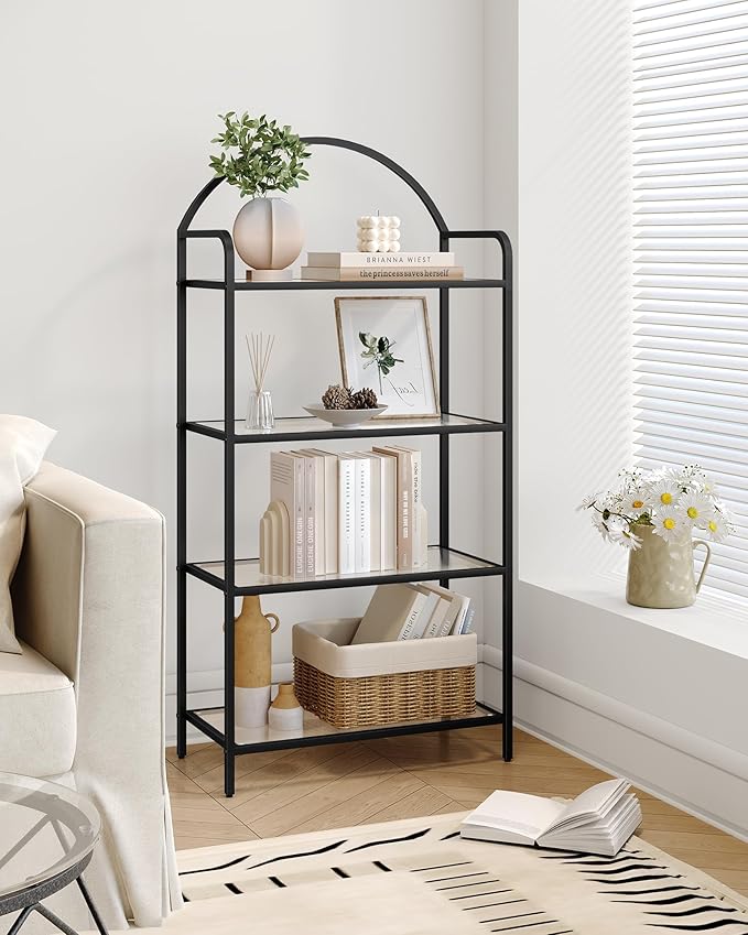 Bookcase Bookshelf, Tempered Glass Bookshelves, Slim Shelving Unit for Bedroom, Bathroom, Home Office, Steel Frame, 4 Tier Black BC21499B