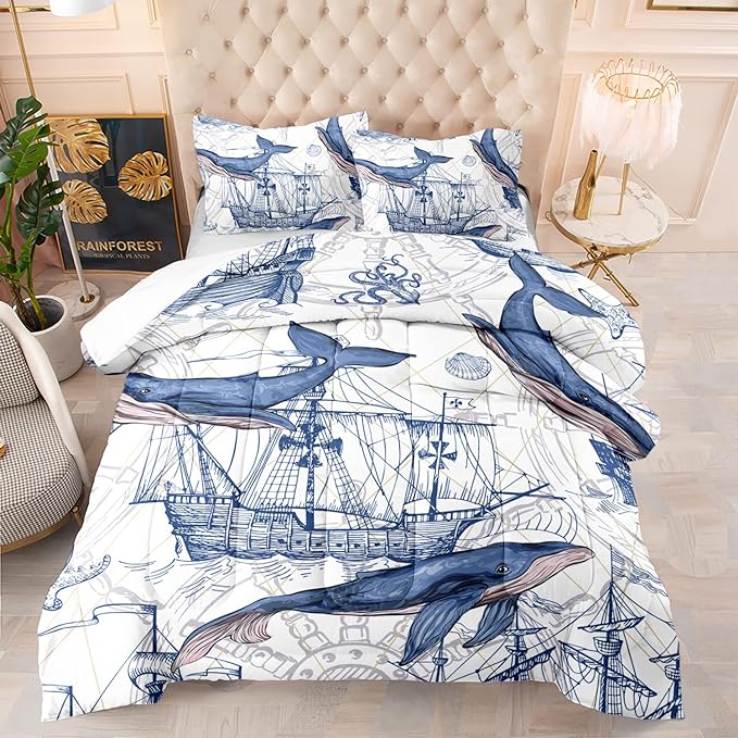 CVHOUSE Whale Comforter Set Queen Size,Ocean Theme Bedding Set for Kids,Whale Nautical Sailing Quilt Set Ocean Duvet Set Ocean Decor 3 Pieces